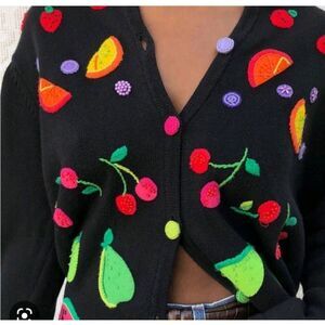 VTG Y2K Talbots Black Fun Cardigan Sweater Bright Fruit Appliqué And Hand Beadin